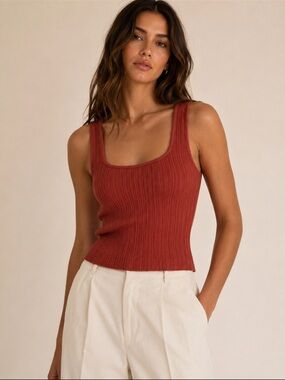 Vince Rust Ribbed Square Neck Tank Top